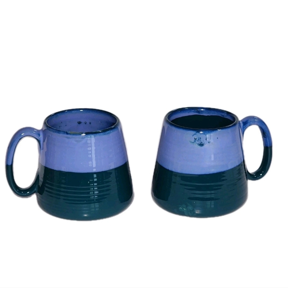 2 Barcela Portugal Handmade Stoneware Pottery Large Coffee Tea Mug Mugs Set Blue